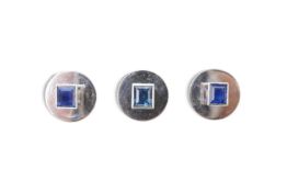A set of three Art Deco Sapphire dress studs, 1920s, each composed of a step-cut sapphire in a