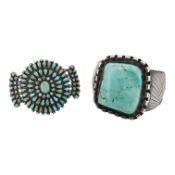 Two Navajo silver and turquoise cuff bangles
