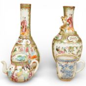 Two 19th century Chinese famille rose vases, a similar miniature teapot and a Chinese export