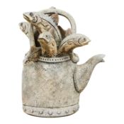 A Blandine Anderson studio ceramic sculpture, fish in a kettle, 20cm