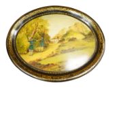 A Victorian oval papier mache tray, re-painted with archers in a landscape setting, 63cm wide