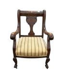 A 19th century Dutch marquetry mahogany inlaid elbow chair, width 65cm, depth 56cm, height 98cm