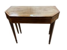 A George III satinwood banded mahogany folding card table, width 91cm, depth 45cm, height 76cm