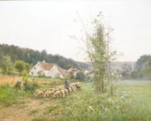 Auguste Prevot-Valeri (1857-1930), A shepherd and his flock on a lane, signed lower right, oil on