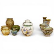 Three Indian gilded alabaster vases, two pairs of Chinese cloisonné enamel vases, a cloisonné