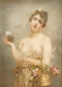 French School, 19th century, study of a semi-clad young woman holding a basket of flowers,
