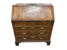 A George I feather banded walnut bureau, width 91cm, depth 49cm, height 103cm