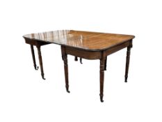 A Regency mahogany extending dining table, width 166cm extended, one spare leaf, depth 105cm, height