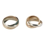 Two Russian-style wedding bands, each composed of interlocking bands of tricoloured 9ct gold,