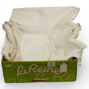 A white damask and drawn thread worked banqueting cloth - 310cm x 221cm and five unmatched