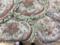 Three large oval pink rose woolworked cushion covers with beige tasselled borders - 59.5cm wide