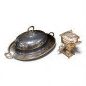 A silver plated meat dome, 51cm wide, plated spirit kettle and a large oval plated tray - latter