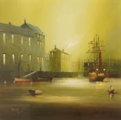 Barry Hilton (b.1941), Docklands view at dusk, signed, oil, 39 x 38cm