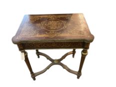 A French Louis XVI style marquetry inlaid, gilt metal mounted rectangular mahogany folding card /