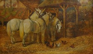 Late 19th century English School, 'Farm scene with shire horses', unsigned, oil on canvas, 32 x