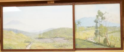 Gustave Bettinger (French, 1857-1934), landscape and vineyard, each signed, pair of watercolours, 27