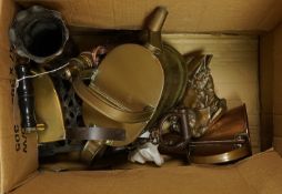 A group of metalware including copper ale muller, brass slug-iron with slug and Nettlefold & Sons