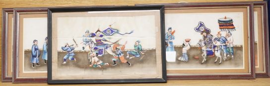 Chinese school, mid 19th century, figural scenes, five pith paintings, 18 x 31cm