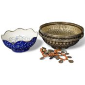 A Persian enamel bowl, a middle-eastern silver and coral necklace and two silver plated Ottoman