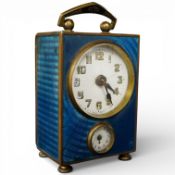 A German Mayer brass and blue guilloche enamel travelling timepiece with alarm, 8cm