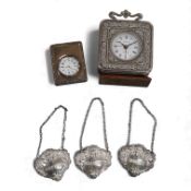 Two modern silver or 925 mounted desk timepieces including Italian, largest 85mm and a set of