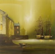 Barry Hilton (b.1941), Docklands view at dusk, signed, oil, 39 x 38cm