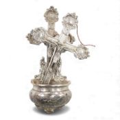 A late 19th century continental silver stoup, 15.8cm and cross, import marks for Eustace George