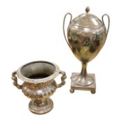 A Victorian silver plated campana wine cooler and a George III silver plated urn (spigot