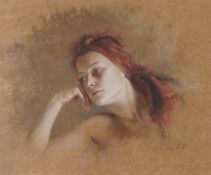 § § Nathalie Picoulet (b.1968), 'Rouge Anglais', a head and shoulders study of a young woman, signed