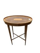 An Edwardian oval inlaid mahogany tray top occasional table, width 61cm, depth 41cm, height 75cm