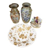 A Meissen relief-moulded and gilded dish, a Meissen figure group emblematic of Winter and two 19th