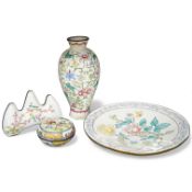 A group of Chinese Canton enamel - an ovoid vase, a circular box and cover, a dish and a brush rest,
