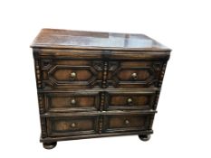 A Jacobean oak and walnut geometric chest of three drawers, width 94cm, depth 53cm, height 86cm
