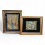 Two early 19th century silk worked embroideries one of two children with a cat, the other of a