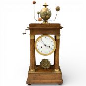 A mid-19th century French Empire-style burr elm portico clock with novelty orrery surmount, movement