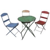 A vintage painted child's toy bistro set and an Indian horse toy, chairs 41cm high