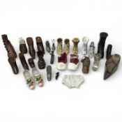 Four 19th century carved mahogany boot snuff boxes, largest 15cm, and other miscellaneous boot and