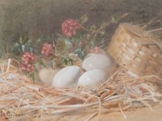 M. Grieve (20th. C), still life of eggs and flowers, signed, watercolour, 22 x 29cm