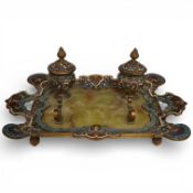 A late 19th century French champlevé enamel and onyx deskstand, 18 x 28cm.