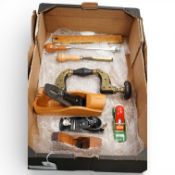 Eight woodworking tools; three block planes by Stanley, Kunz, etc. a Marples wooden smoothing plane,