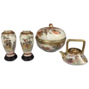A group of Japanese satsuma pottery, 'geese' box and cover, height 12cm, a pair of miniature vases