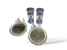 A pair of Sitzendorf porcelain mirrors-33.5cm high and a pair of enamelled glass table lustres- 24cm
