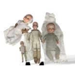 A German shoulder-bisque doll with sleeping eyes and jointed kid leather body, 45cm, two other dolls