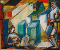 V. Sibello, ‘Adam and Eve’, signed, cubist oil on board, 64 x 76cm