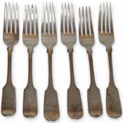 A harlequin set of six silver fiddle pattern table forks, Hayne & Cater, London, 1850(3) and John