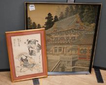 A Japanese cut velvet picture of the Toshogo Shinto shrine, Meiji period and a Toyokuni woodblock