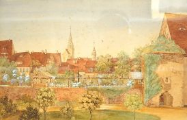 Victorian school, town scene with church spire, unsigned, watercolour heightened with white, 34 x