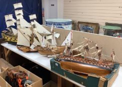Four model wooden ships to include the ‘The Pinta’ and a Napoleonic frigate, largest approximately