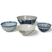 Three Chinese blue and white bowls, and an enamelled dish, latter 12cm