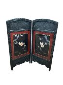 A Japanese lacquer, abalone and mother of pearl inlaid two fold screen, each panel width 43cm,